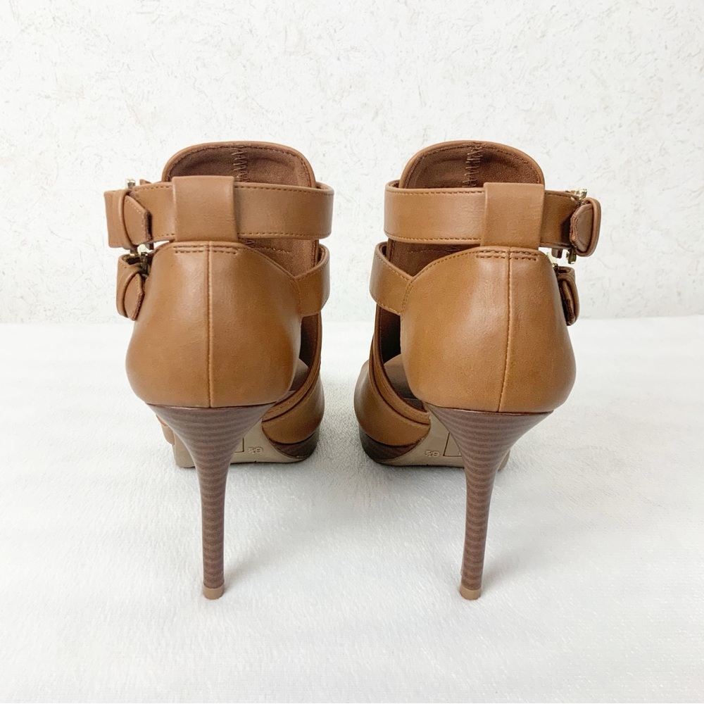 Brash Jayden Cognac Brown Buckle Open Toe Bootie Heels Size 6.5 Faux Leather - Picture 4 of 7